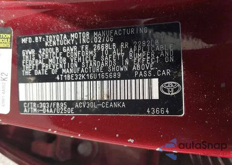 2006 Toyota Camry Le z USA, uszkodzony, nr VIN 4T1BE32K16U165689